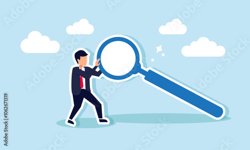 A businessman trying to lift a magnifying glass, illustration of efforts to find solutions and analyze business problems