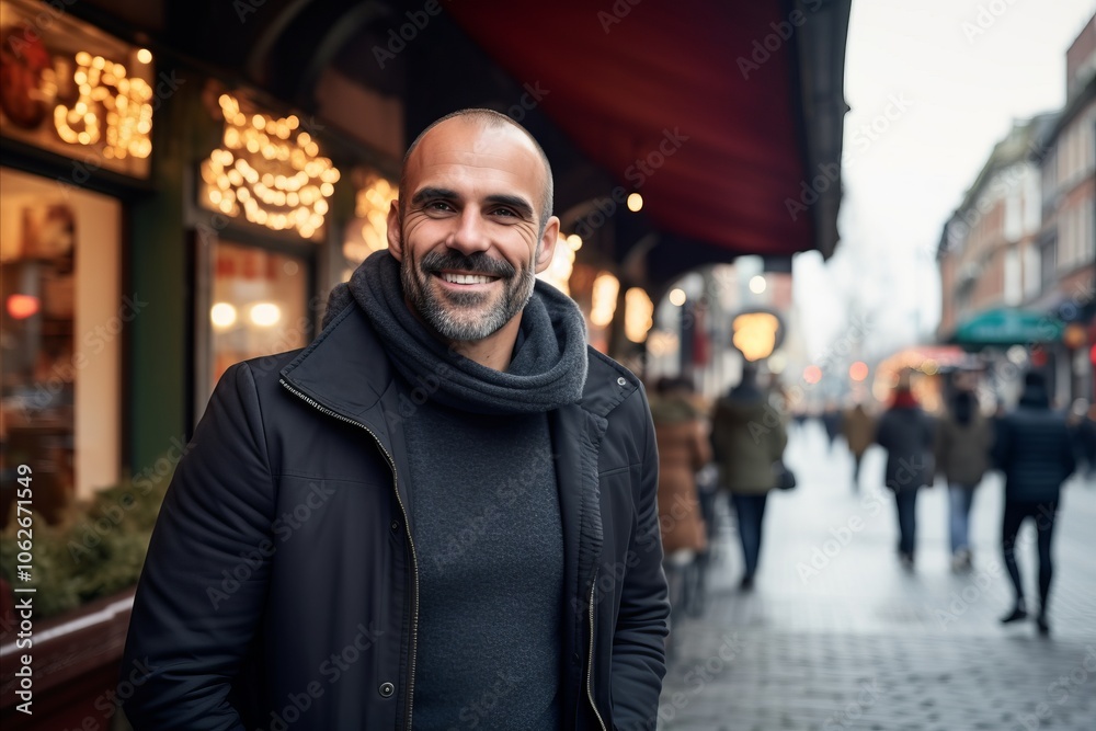 Portrait of a handsome middle-aged man smiling at the camera while walking in the city street Portrait of a handsome middle-aged man smiling at the camera while walking in the city street