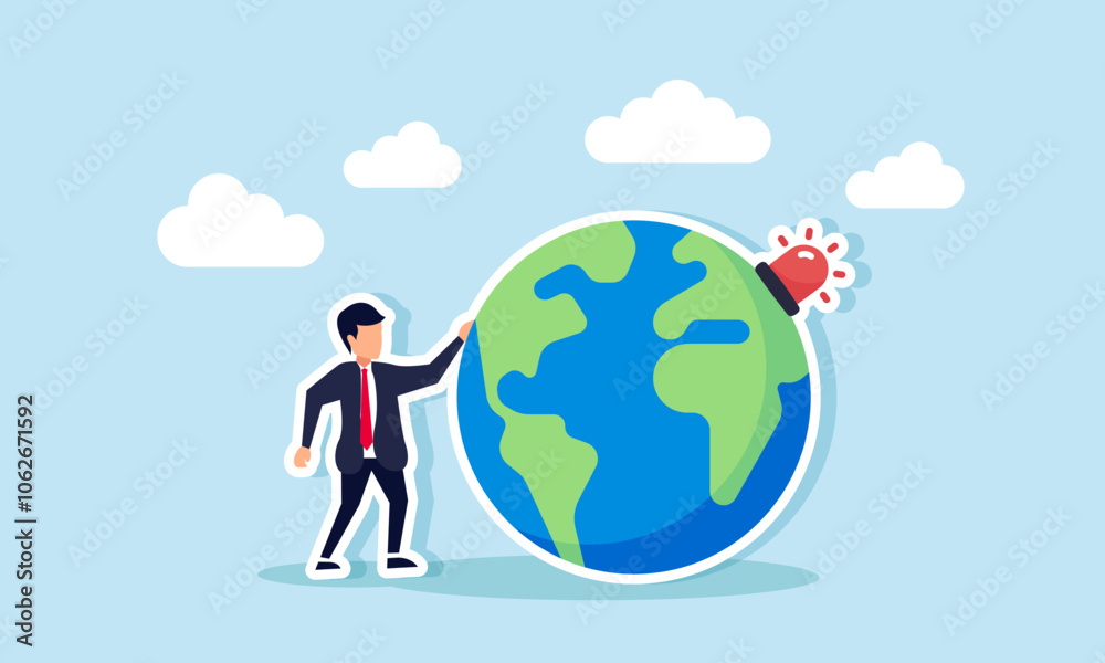 A businessman standing next to a globe with an alarm light, illustration of alertness in global business trends relevant to the target market A businessman standing next to a globe with an alarm light, illustration of alertness in global business trends relevant to the target market
