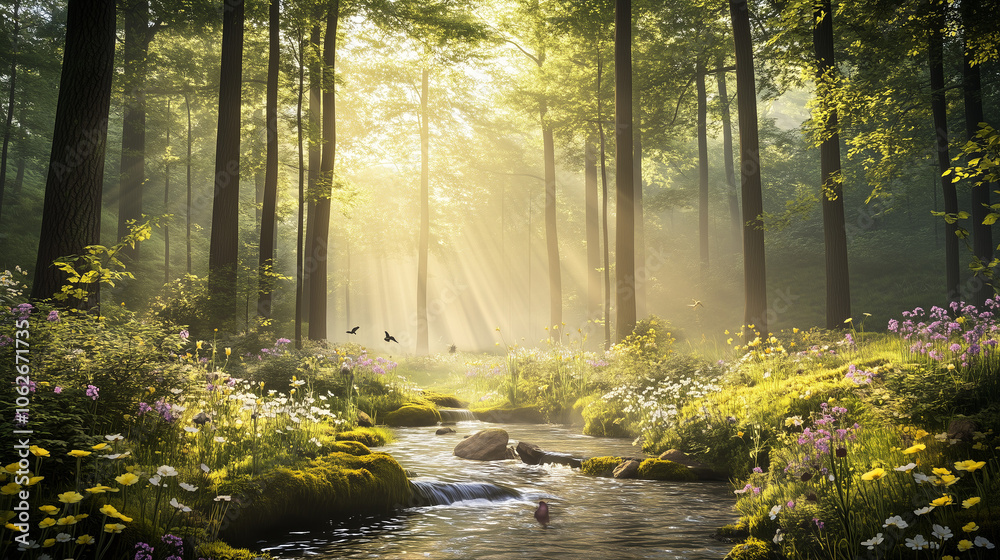 Fototapeta premium Majestic Mountain Lake with Wildlife at Sunrise