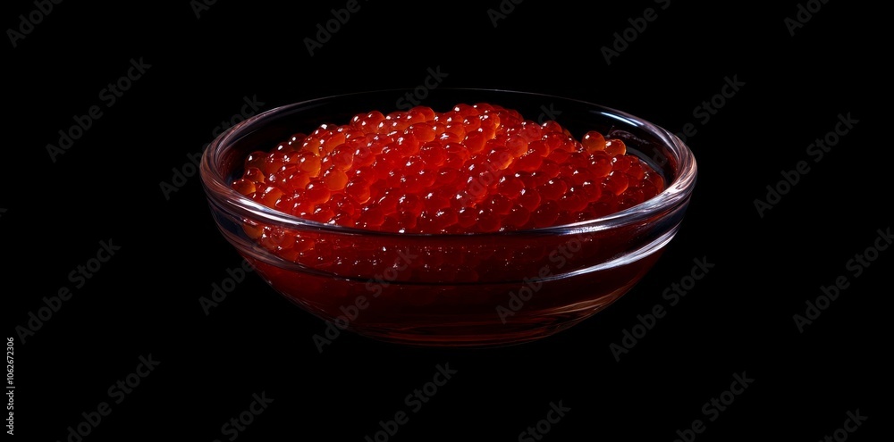 Close-up of red caviar in a bowl, isolated on a black background with copy space, suitable for a banner design. Close-up of red caviar in a bowl, isolated on a black background with copy space, suitable for a banner design.