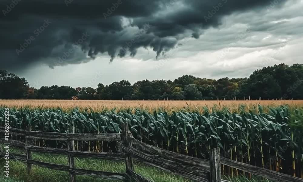 3d view of corn fields with thick and dark clouds