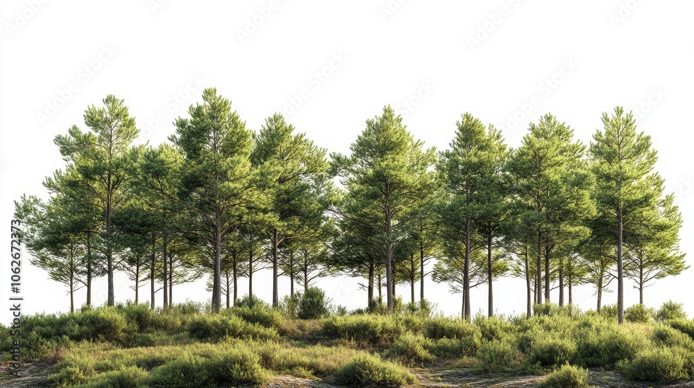Lush green coniferous forest with dense trees in natural setting isolated on transparent background Lush green coniferous forest with dense trees in natural setting isolated on transparent background