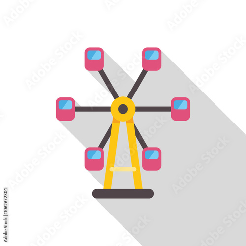 Colorful ferris wheel rotating at amusement park casting a long shadow, perfect for projects related to entertainment and leisure