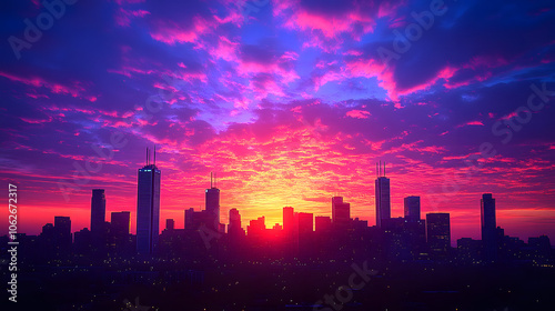 A City Skyline at Dusk with a Vibrant Sky, Silhouetted Skyscrapers Against the Colorful Horizon, Capturing the Beauty of Urban Landscapes and Twilight Moments 