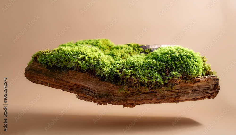 Green moss on tree rotten stump floating or flying isolated on biege background Green moss on tree rotten stump floating or flying isolated on biege background