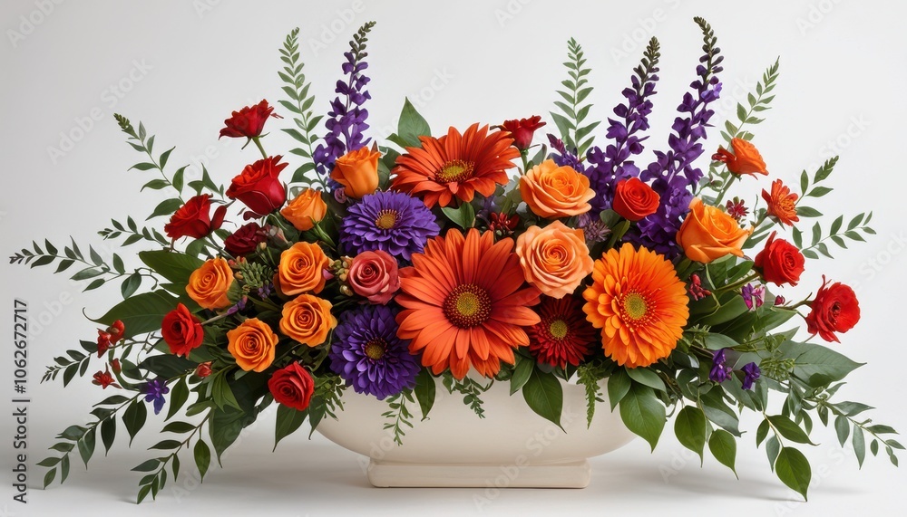Obraz premium a collection of floral arrangements featuring vibrant red and orange flowers with accents of purple, accompanied by a variety of green and gold foliage.