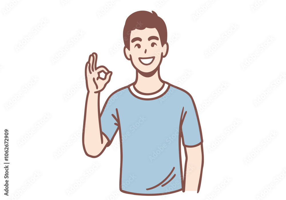 Smiling man holding up his finger as an OK sign. Hand drawn style vector design illustrations.
Smiling man holding up his finger as an OK sign. Hand drawn style vector design illustrations.