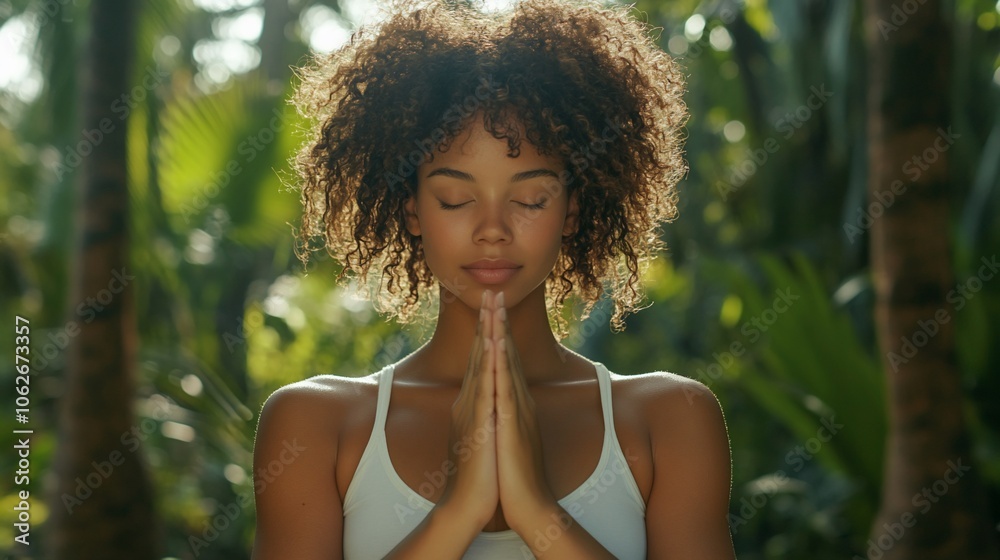 Woman with closed eyes meditating in a lush green tropical forest. Woman with closed eyes meditating in a lush green tropical forest.
