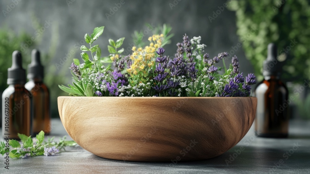 Wooden Bowl Filled with Healing Herbs Plants and Essential Oils for Natural Wellness and Aromatherapy Wooden Bowl Filled with Healing Herbs Plants and Essential Oils for Natural Wellness and Aromatherapy