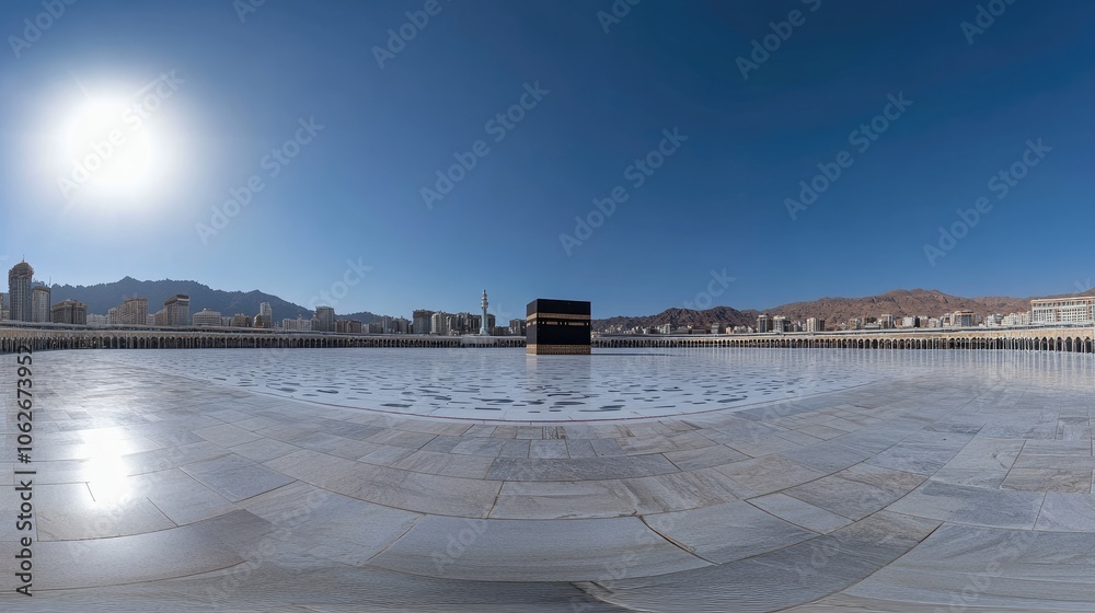 A panoramic view of Mecca's Kaaba surrounded by empty marble floors, capturing the grandeur of the holy site under a clear sky. A panoramic view of Mecca's Kaaba surrounded by empty marble floors, capturing the grandeur of the holy site under a clear sky.