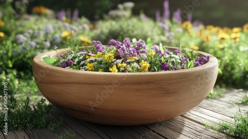 Wooden bowl filled with a variety of healing herbs plants and essential oils arranged in a decorative and soothing display for natural wellness aromatherapy and holistic lifestyle photo