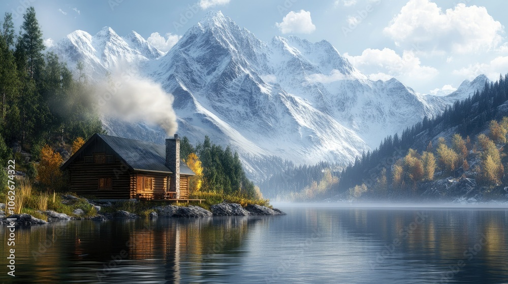 Fototapeta premium A peaceful lakeside cabin with smoke rising from the chimney and mountains in the background.