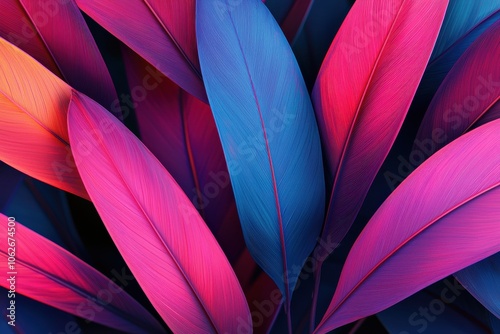 Colorful, vibrant leaves in blue and pink hues against a dark background.