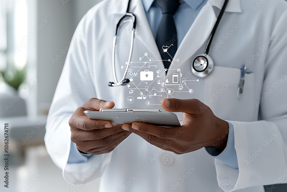 Doctor uses digital health symbols to enhance patient care Doctor uses digital health symbols to enhance patient care