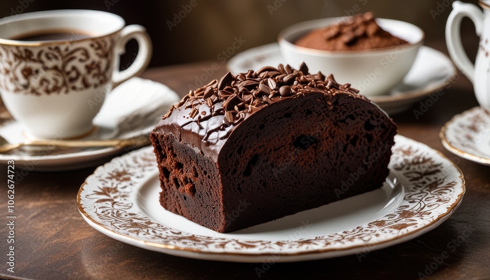 a slice of rich chocolate loaf cake showcasing a tender crumb, placed on an elegant vintage plate with intricate designs, accompanied by a cup of coffee in soft focus in the distance. a slice of rich chocolate loaf cake showcasing a tender crumb, placed on an elegant vintage plate with intricate designs, accompanied by a cup of coffee in soft focus in the distance.