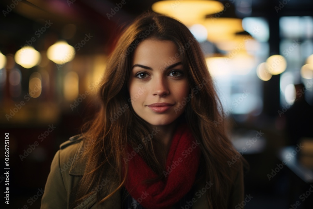 Portrait of a beautiful young woman with red scarf in a cafe Portrait of a beautiful young woman with red scarf in a cafe
