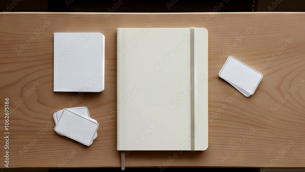 A minimalist workspace featuring a blank notebook and small notecards on a wooden table, emphasizing organization and creativity. A minimalist workspace featuring a blank notebook and small notecards on a wooden table, emphasizing organization and creativity.