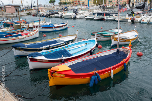 Traditional colorful fishing boats, called pointu in French. in Nice Port, Nice, France on sunny summer day.