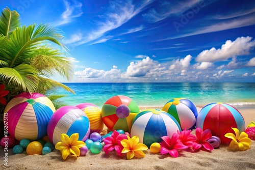 A vibrant beach scene with colorful beach balls, inflatables, and tropical flowers scattered along the shore., colorful, beach balls