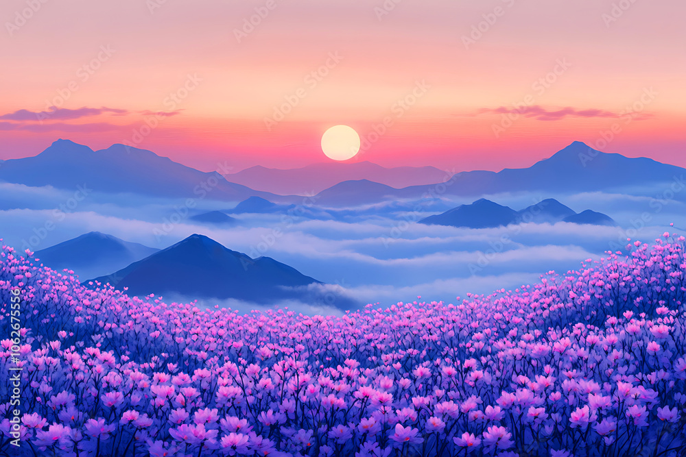 Fototapeta premium Valley of flowers surrounded by mountains during sunrise. 