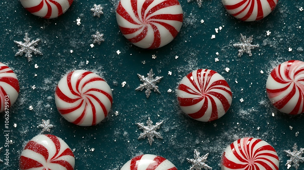 Fototapeta premium Peppermint candies with swirling red and white stripes, surrounded by intricate snowflakes and twinkling silver stars on a dark teal background. High contrast, with a cozy holiday feel, hd quality,