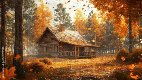 A rustic wooden cabin in the middle of a dense pine forest during autumn, with falling leaves.