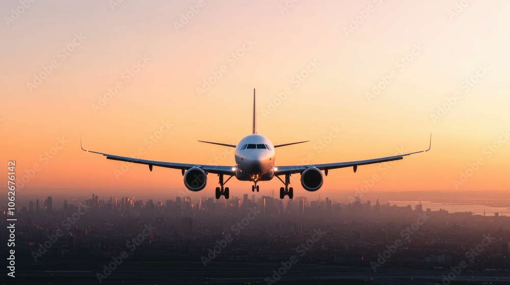 custom made wallpaper toronto digitalCommercial passenger airplane descending over the skyline of a major city at sunset preparing to land at an airport  The aircraft s silhouette is visible against the colorful evening sky