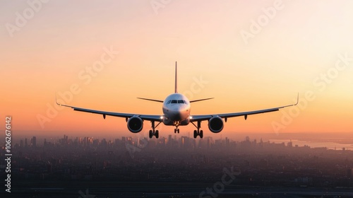 Wallpaper Mural Commercial passenger airplane descending over the skyline of a major city at sunset preparing to land at an airport  The aircraft s silhouette is visible against the colorful evening sky Torontodigital.ca