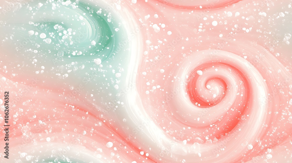 Fototapeta premium Peppermint swirl and dot pattern, carefully placed on a soft blush pink background, swirls in shades of white and mint green, subtle shadow for depth, clean yet whimsical, hd quality, diffused light.