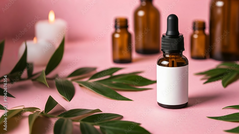 Mockup cosmetic, Dropper bottle with label, surrounded by green leaves and amber bottles against a pink background with a candle. Mockup cosmetic, Dropper bottle with label, surrounded by green leaves and amber bottles against a pink background with a candle.
