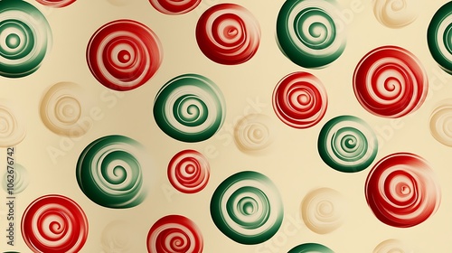 Peppermint swirls with alternating red, white, and green accents, evenly spaced on a soft cream-colored background. Subtle gloss, hd quality, warm, festive lighting. --ar 16:9 --tile