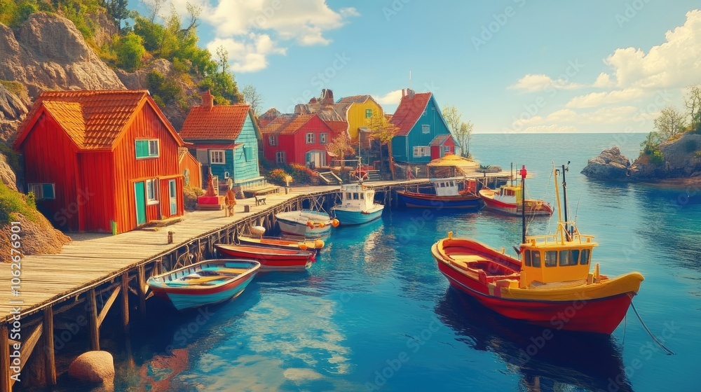 Obraz premium A small fishing village by the sea, with colorful boats docked along a wooden pier.