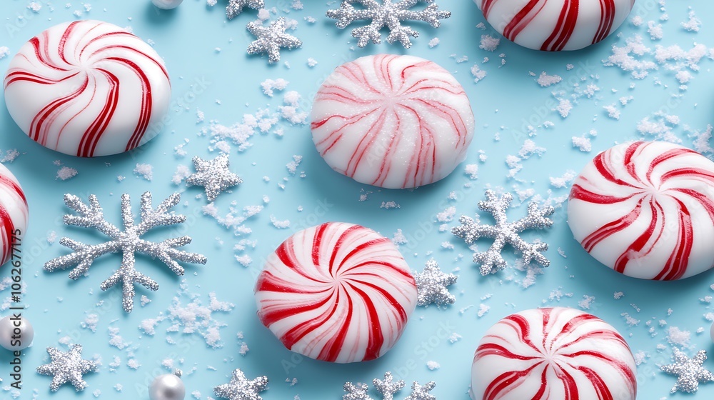 Fototapeta premium Playful peppermint candy pattern with scattered silver stars and snowflakes on a pale blue background. The candies are detailed and glossy, with delicate frosty accents around the snowflakes,
