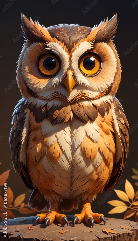 Obraz premium an illustration of a cartoon owl with large expressive eyes, standing front and center, with a warm color palette