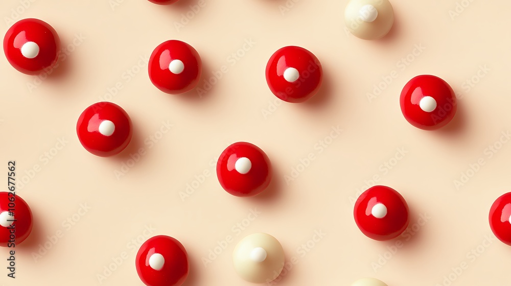 Simple red and white peppermint dots on a cream-colored background, muted tones for a refined holiday touch. Minimalist layout with subtle shadow for depth, hd quality, cozy lighting. Simple red and white peppermint dots on a cream-colored background, muted tones for a refined holiday touch. Minimalist layout with subtle shadow for depth, hd quality, cozy lighting.