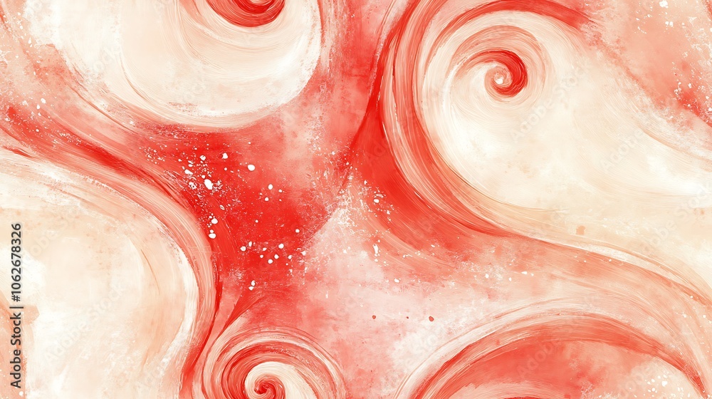 Fototapeta premium Watercolor-inspired peppermint pattern, red and white swirls with a hand-painted feel, gently blending into a soft beige background. Subtle gradients and light pastel touches, hd quality,