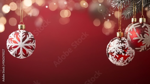 Christmas background with red Christmas ornaments on a bokeh of lights, with space for text.