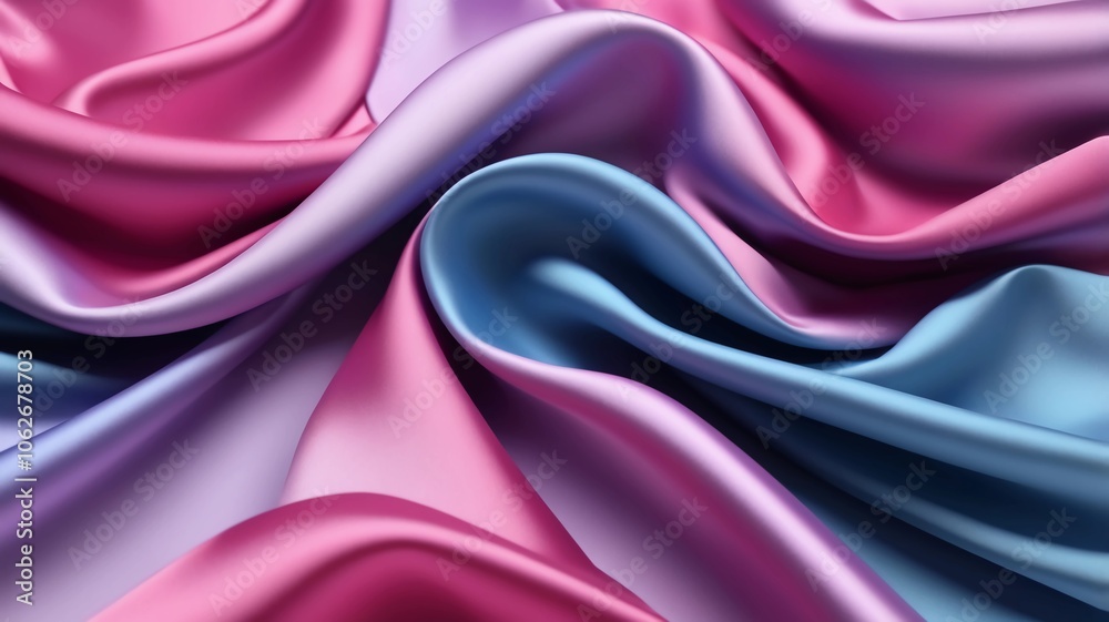 Obraz premium Processed collage of smooth elegant wavy gradient purple pink blue silk cloth fabric material texture. Background for banner, backdrop or texture for 3D mapping