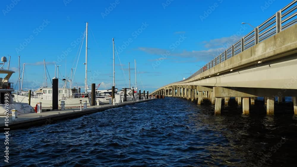 Bradenton, Florida, USA: 11 04 2024: Bridge over manatee river and riverwalk of bradenton Bradenton, Florida, USA: 11 04 2024: Bridge over manatee river and riverwalk of bradenton