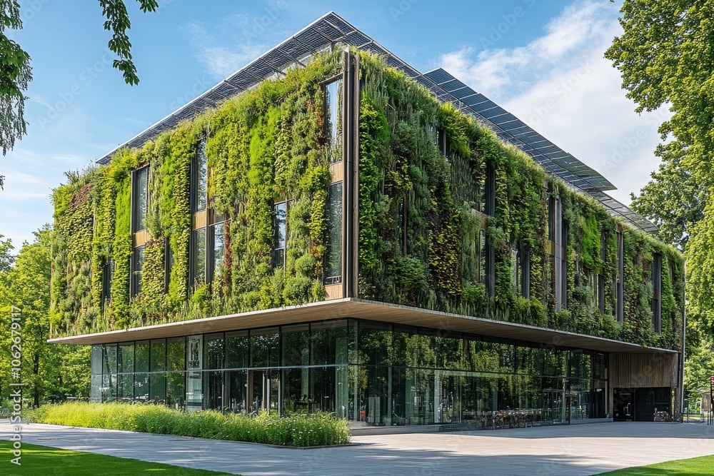Fototapeta premium A modern eco-friendly building with a vertical garden covering its facade