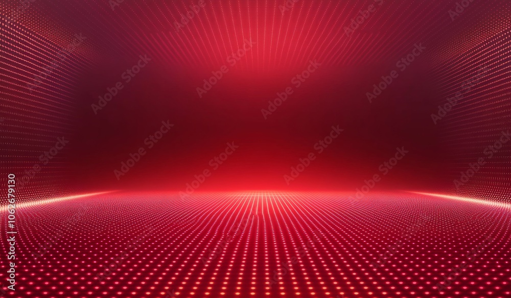 Red gradient background with a light effect and a digital mesh grid on a dark stage floor.