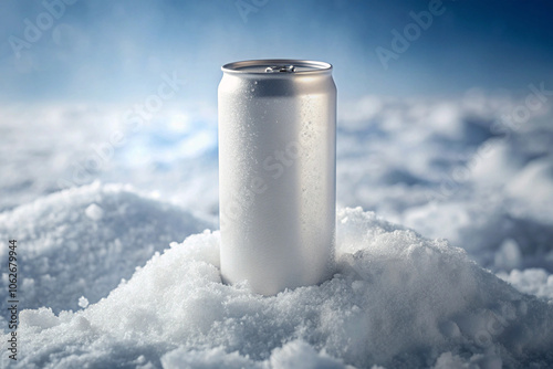 Blank Aluminum Can bottle on Ice in a Snowy Mountain Range, can mockup, Can of cold beverage, ice cube a of juicy. Summer refreshing drink