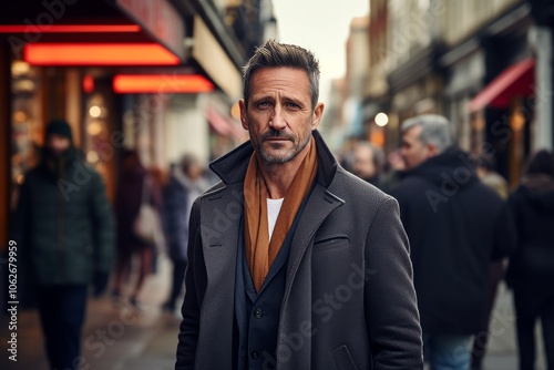 Portrait of a handsome middle-aged man in a coat standing in the street.