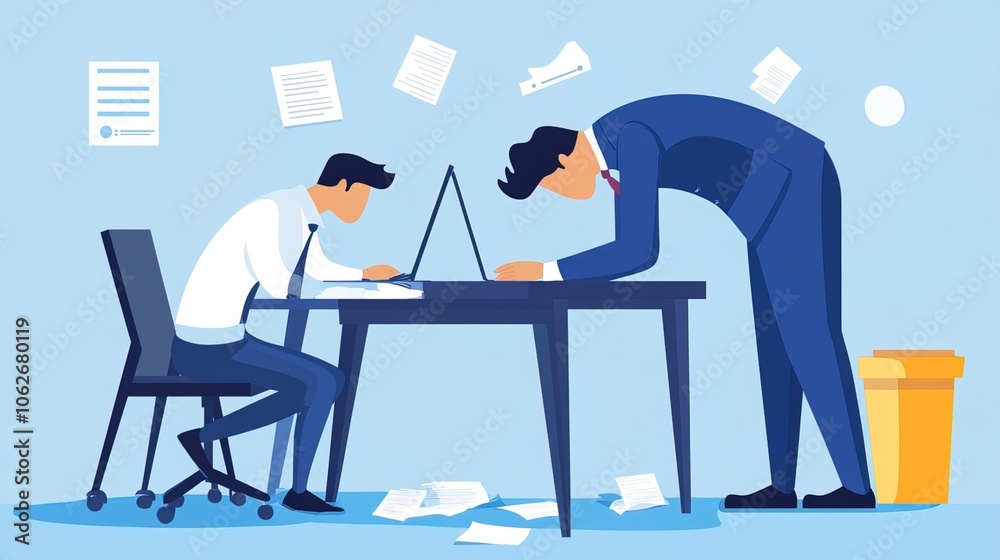 Boss standing over stressed employee, emphasizing the pressure and hierarchy in the workplace. Leadership and workplace dynamics. Boss standing over stressed employee, emphasizing the pressure and hierarchy in the workplace. Leadership and workplace dynamics.