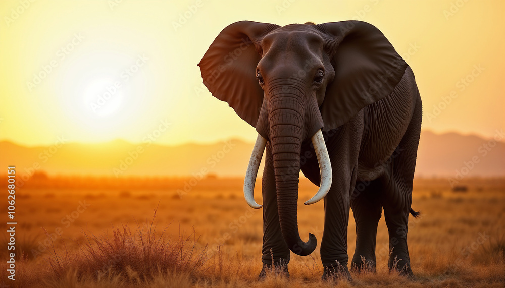 Fototapeta premium Majestic African Elephant Silhouetted Against Dramatic Orange Sunset Sky in Savanna Grassland