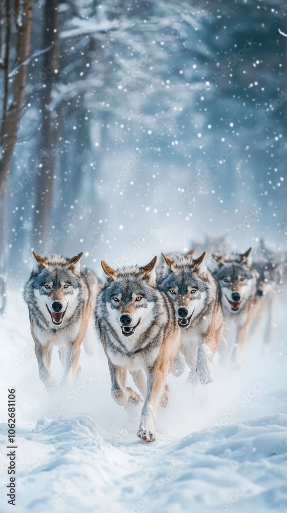 A pack of gray wolves running in unison through deep snow in a winter forest, their breath visible in the cold air A pack of gray wolves running in unison through deep snow in a winter forest, their breath visible in the cold air