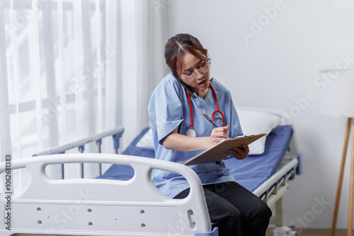 Female doctor or nurse busy about analyzing healthcare treatment on medical documents on bed in hospital