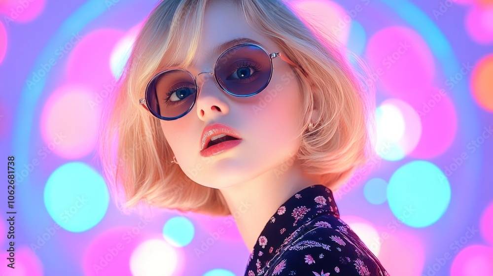 Blonde Beauty in Pop Art Retro Style Sunglasses on Colorful Background Blonde Beauty in Pop Art Retro Style Sunglasses on Colorful Background