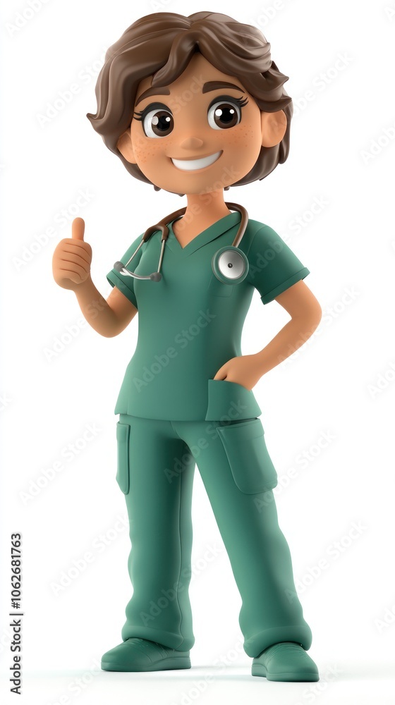 Smiling Cartoon Female Doctor in Green Scrubs with Stethoscope Giving Thumbs Up Smiling Cartoon Female Doctor in Green Scrubs with Stethoscope Giving Thumbs Up